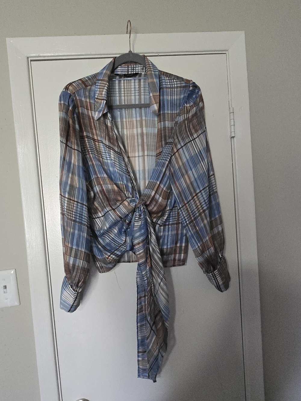 Zara Blue & Brown Plaid Tie-Front Blouse